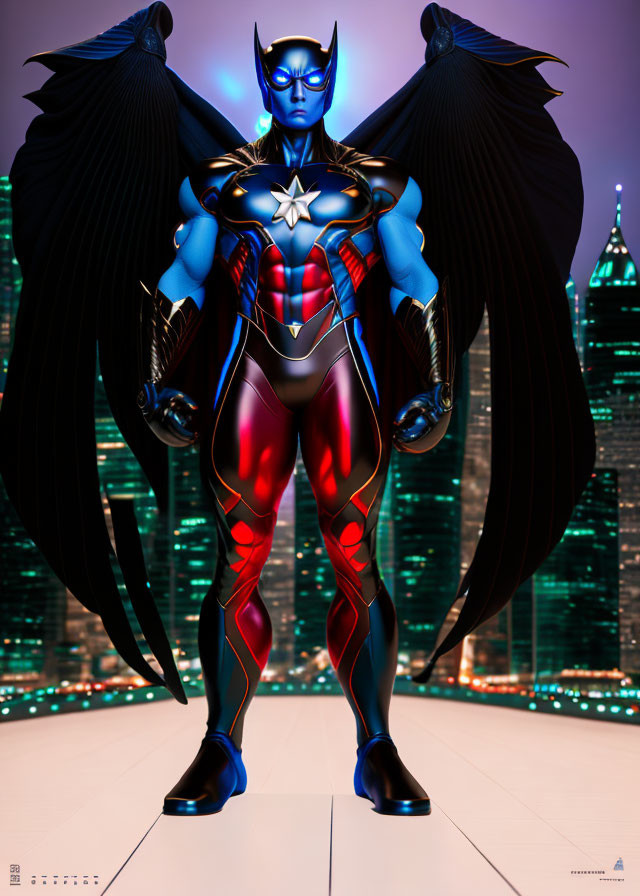 Superhero with black wings in blue suit and red star emblem, cityscape backdrop