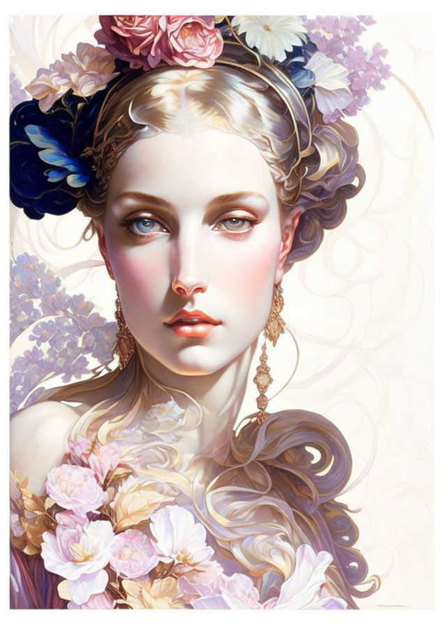 Ethereal woman portrait with elaborate floral hairstyles