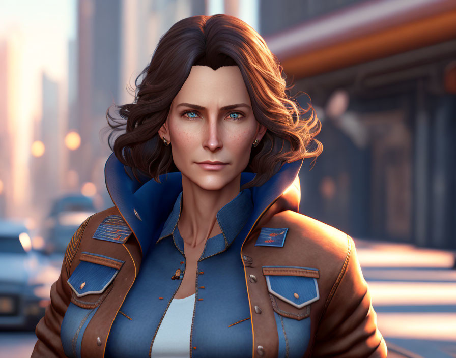 3D rendered portrait of woman with brown hair and blue eyes in blue and brown jacket