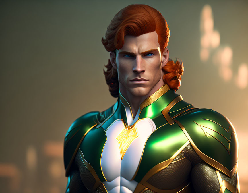 Male superhero with red hair, blue eyes, green and gold suit