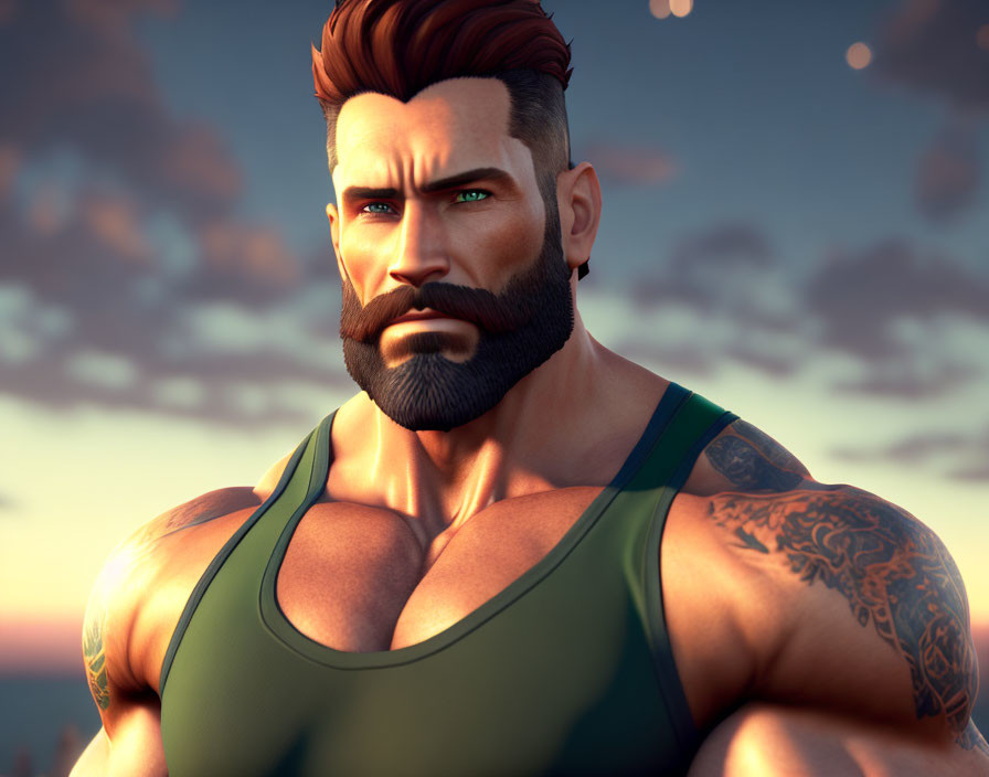 Muscular Man with Beard and Tattoo in Green Tank Top 