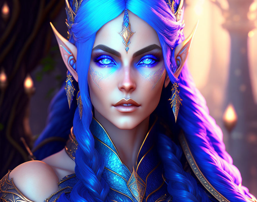 Fantasy character with blue skin, pointed ears, vibrant blue hair, golden jewelry, and tiara