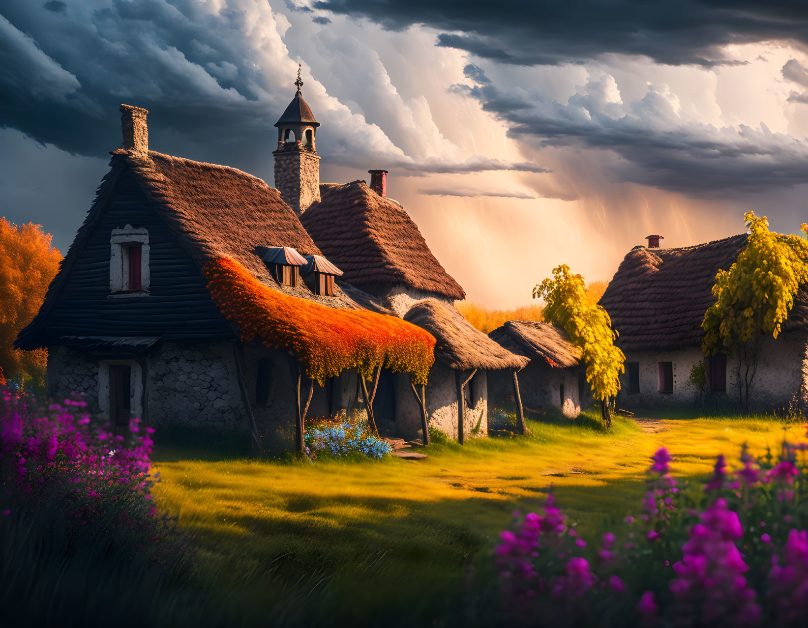 Traditional cottages surrounded by colorful flowers under a dramatic sky with sunrays.