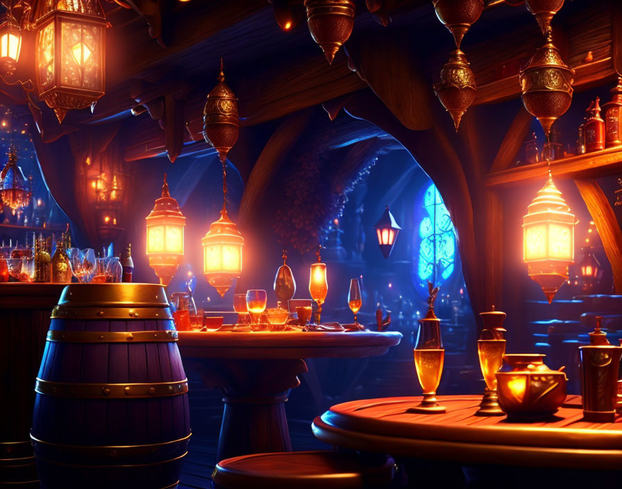 Dimly Lit Tavern with Glowing Lanterns and Wooden Tables