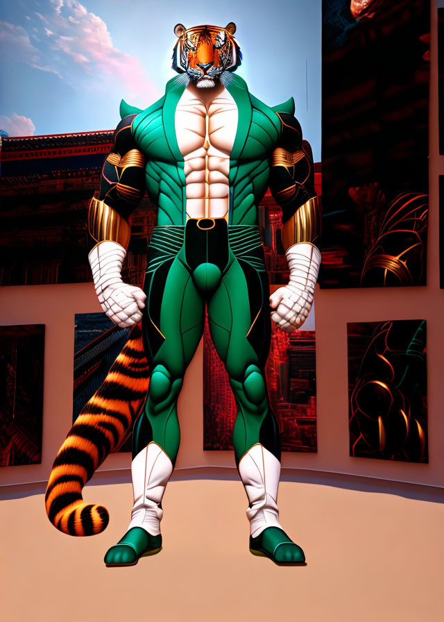 Muscular anthropomorphic tiger in green & white suit in gallery setting