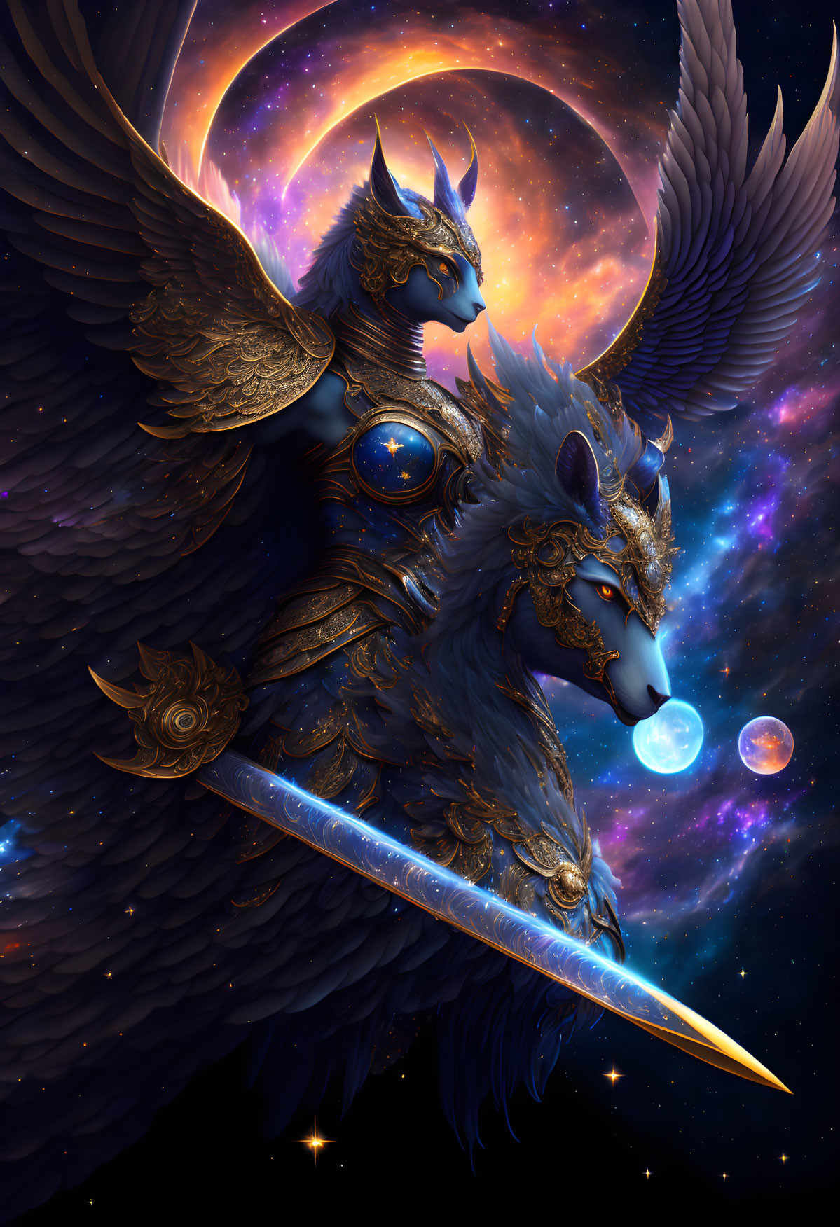 Mythical lion-eagle hybrid with multiple heads in cosmic scene