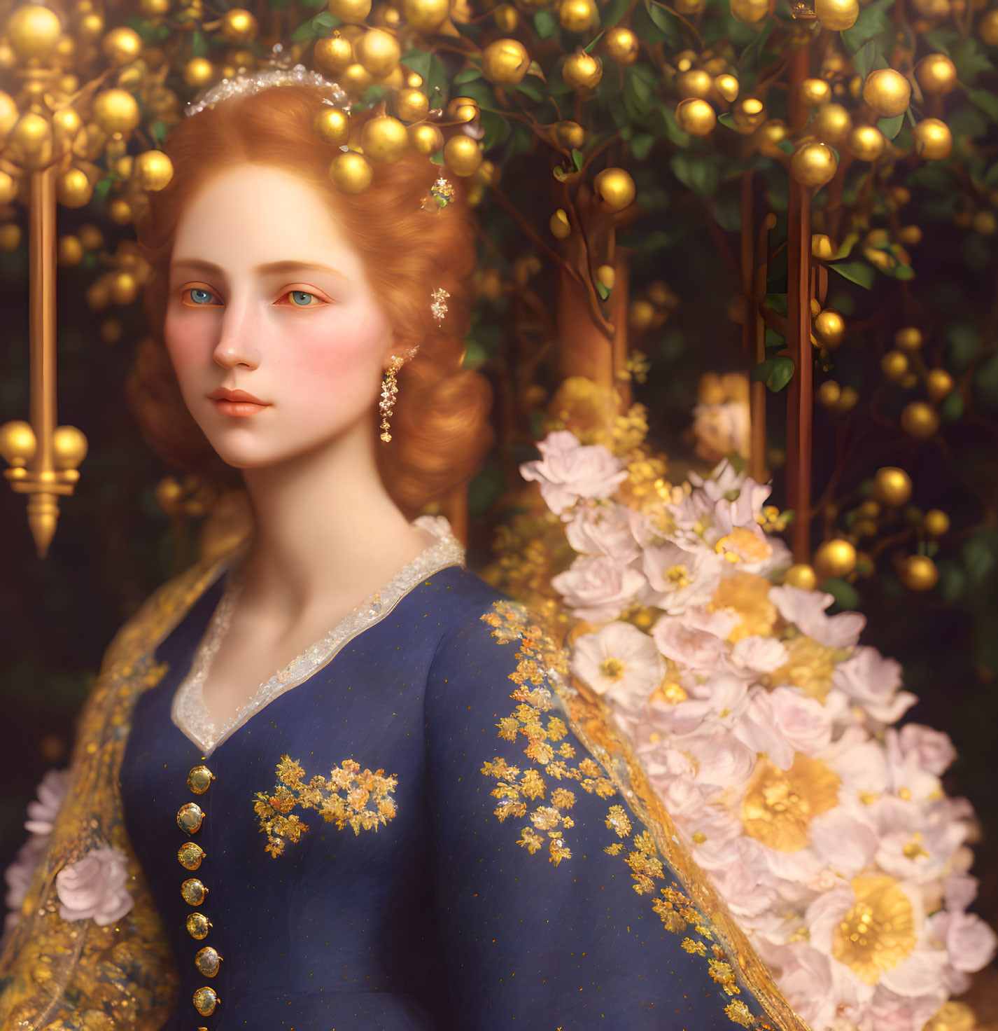 Portrait of woman with red hair in blue gown among yellow flowers