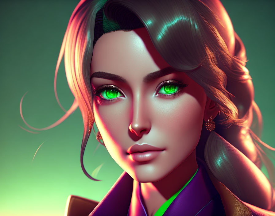 Stylized 3D female character with green eyes and hair, gold earrings, on green background