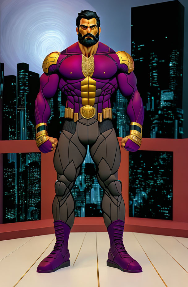 Muscular bearded superhero in purple and gray suit against night city skyline