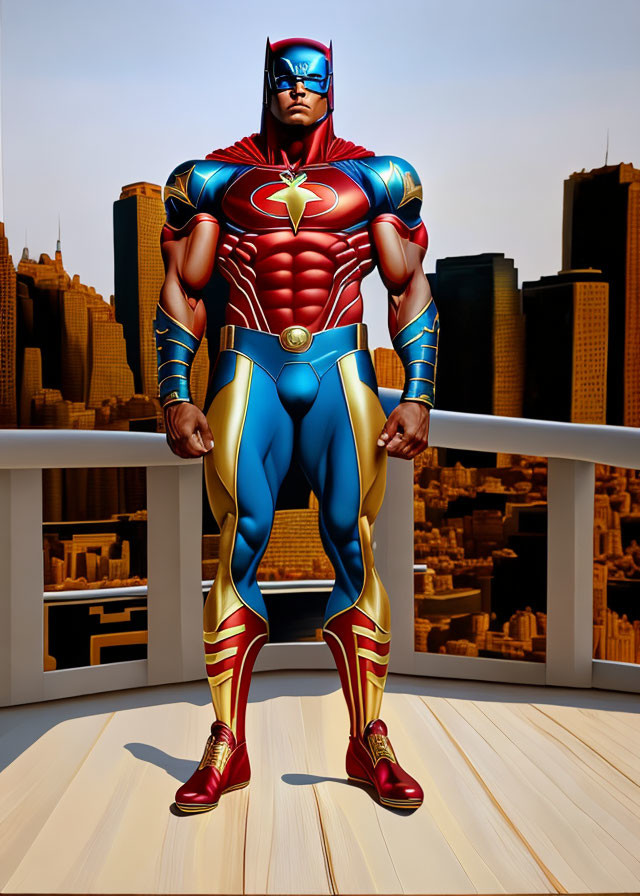 Muscular superhero in red, blue, and gold costume on terrace with city skyline.