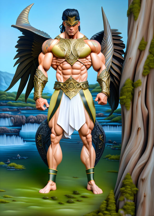 Muscular animated character in golden armor with wings by serene lake and forest landscape