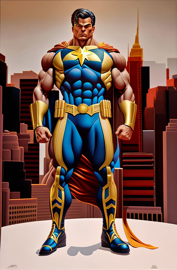 Muscular superhero in blue suit with star emblem and cape against cityscape.