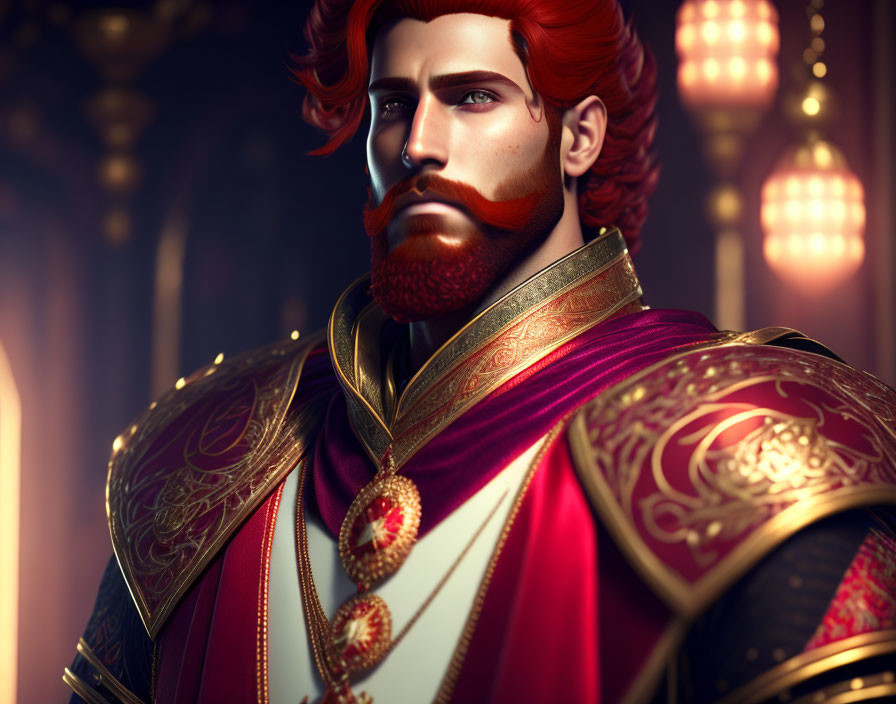 Regal figure with red beard in golden-trimmed red cloak amidst ornate lanterns