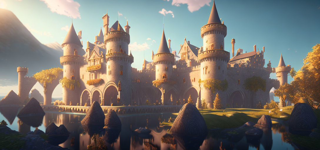 Fantasy castle with golden spires at sunset in lush landscape