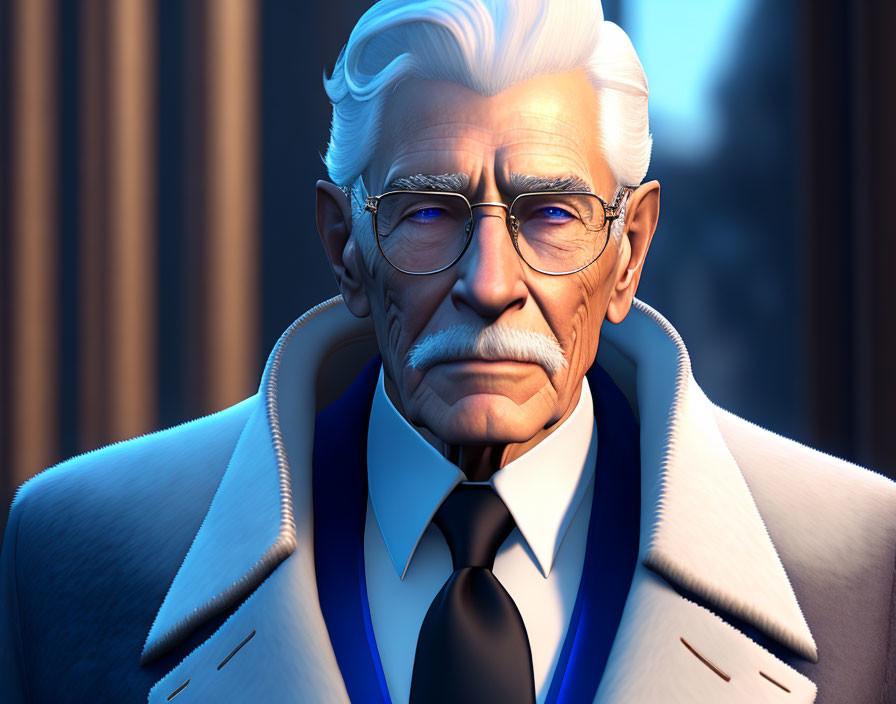 Elderly man with white hair and mustache in white coat and blue tie.