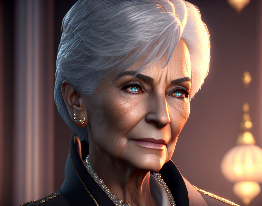 Elegant elderly woman portrait with silver hair and navy outfit