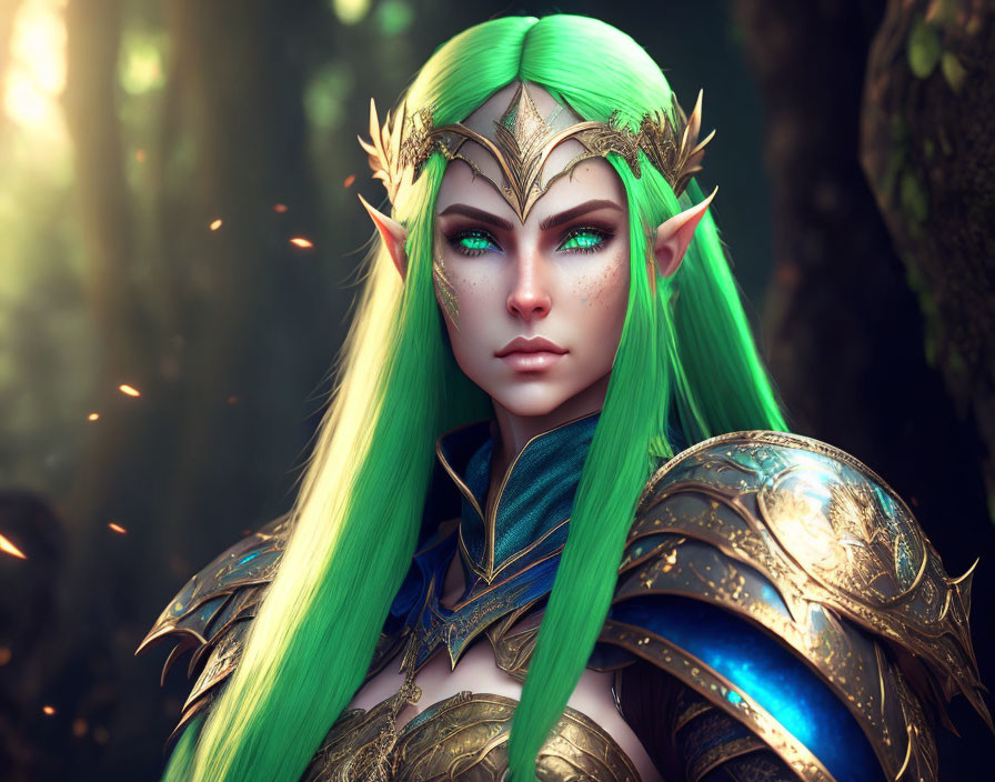 Fantasy elf with green hair in golden armor in forest.