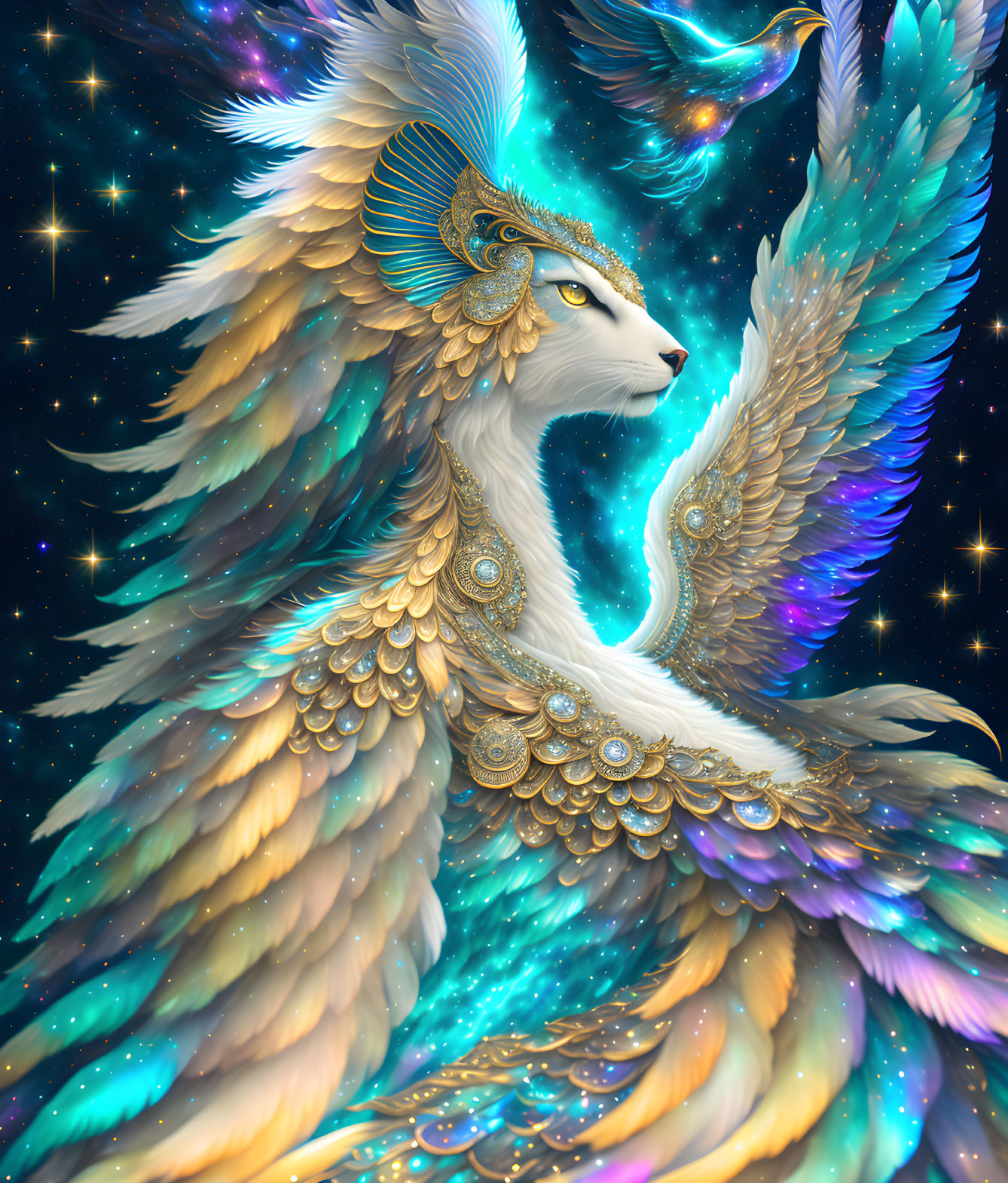 Multicolored phoenix-like creature with golden details on cosmic background