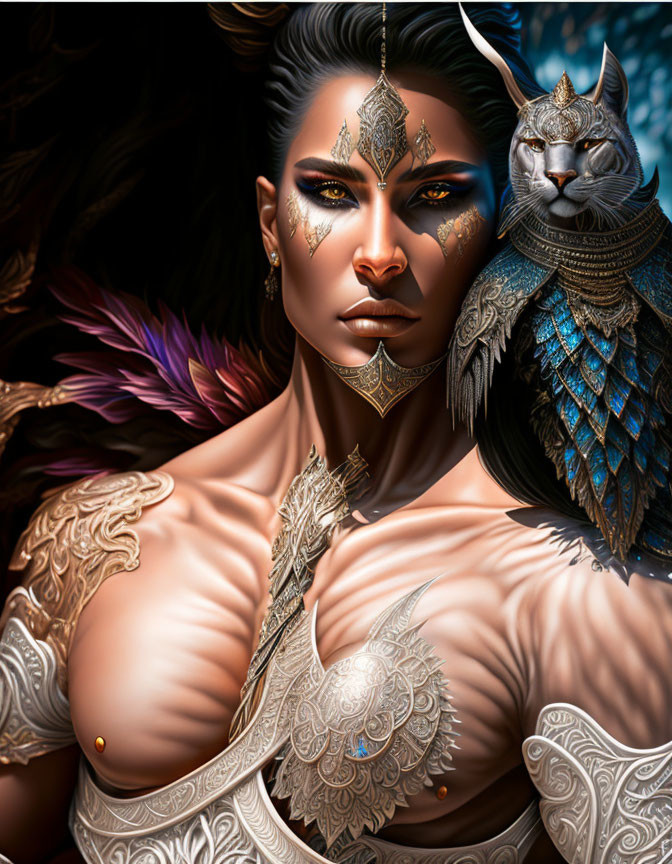 Woman with ornate face makeup and armor beside fantastical feline creature with blue wings