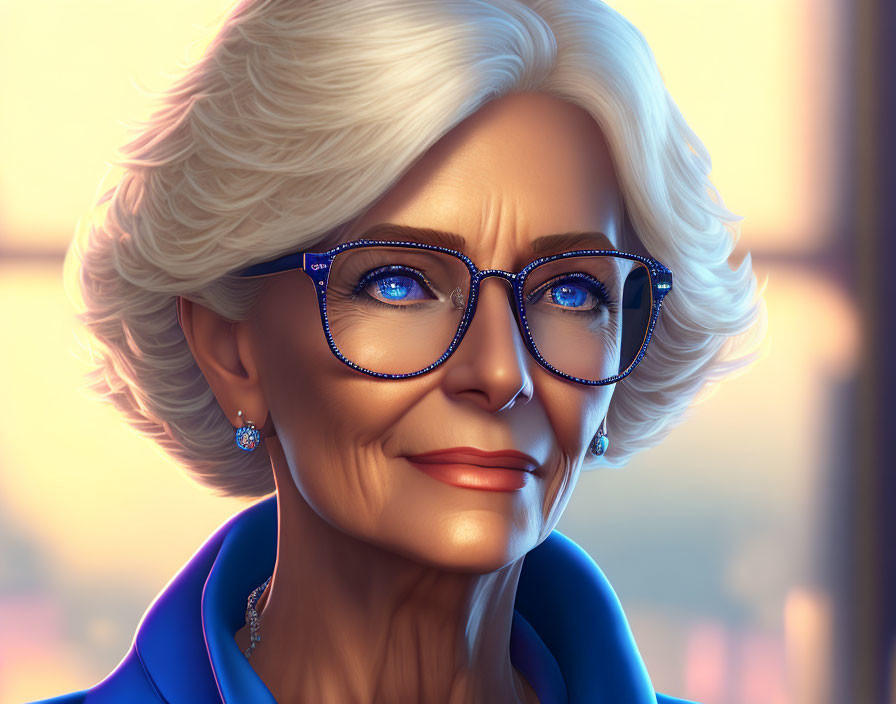 Elderly woman portrait with white hair and blue glasses