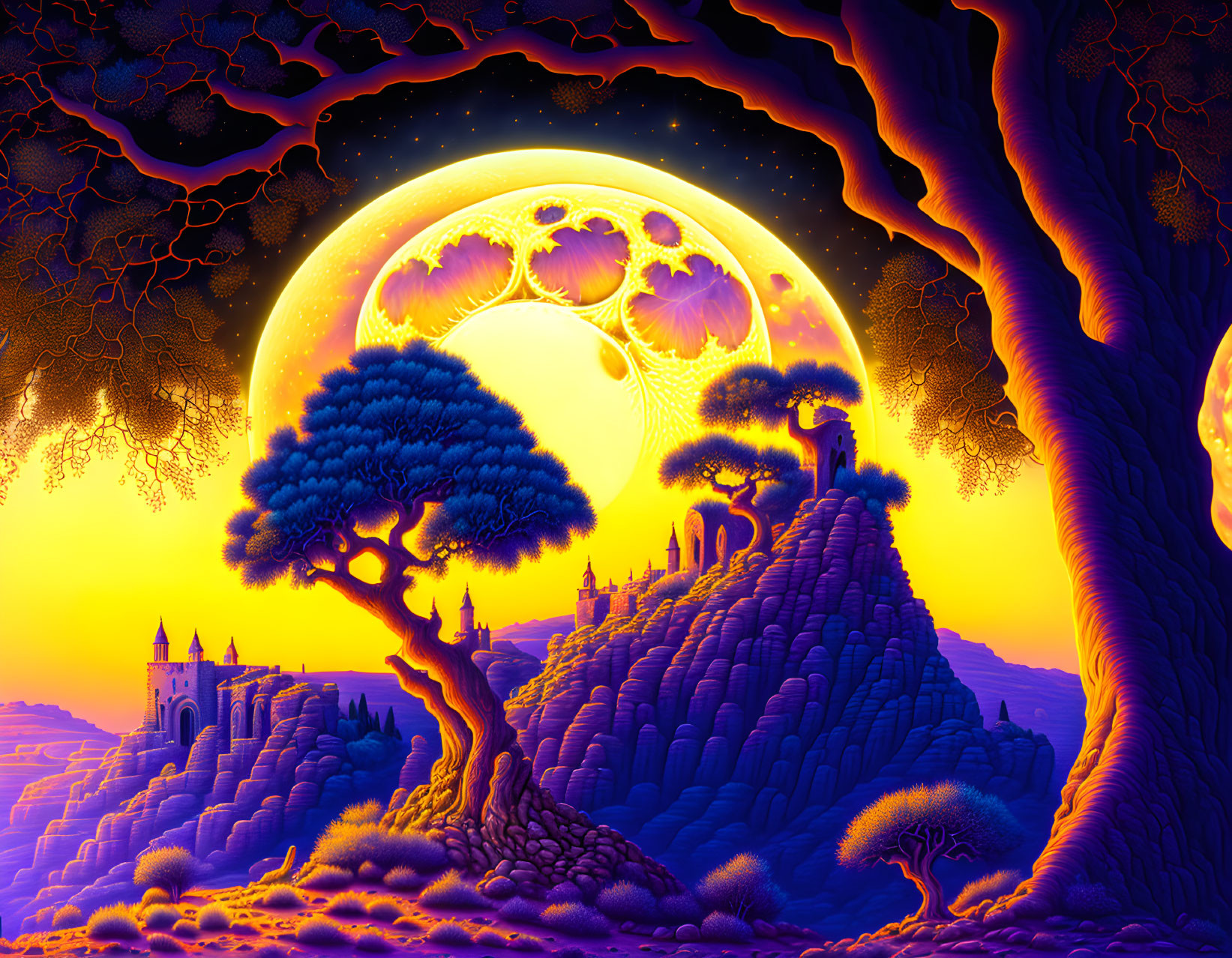 Fantasy landscape with large moon, illuminated castle, and colorful sky