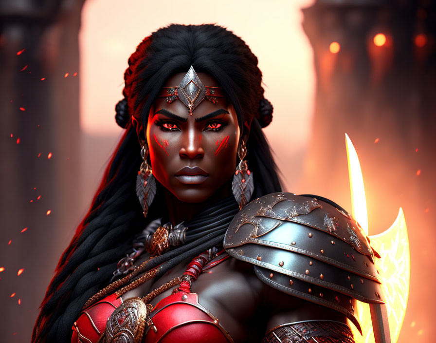 Dark-skinned warrior with tribal face markings and glowing sword in intricate armor against fiery backdrop