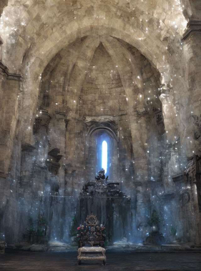 Mystical stone throne in ancient gothic chamber with waterfall.