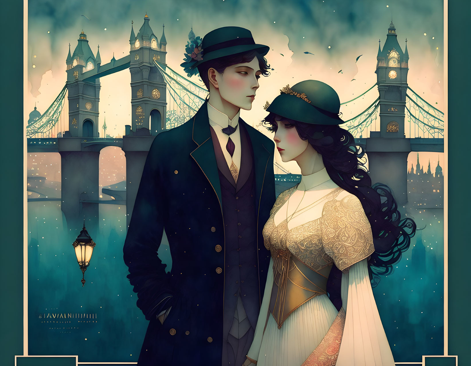 Vintage Attired Couple with Tower Bridge in Background: Romantic Historical Illustration