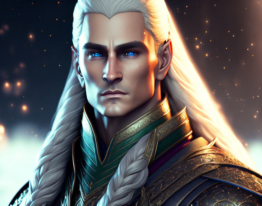 Elf with White Hair in Ornate Armor on Starry Background