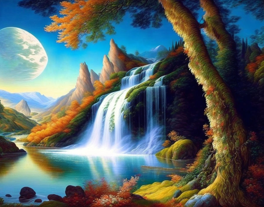 Serene moonlit landscape with waterfall, autumn trees, lake, cliffs