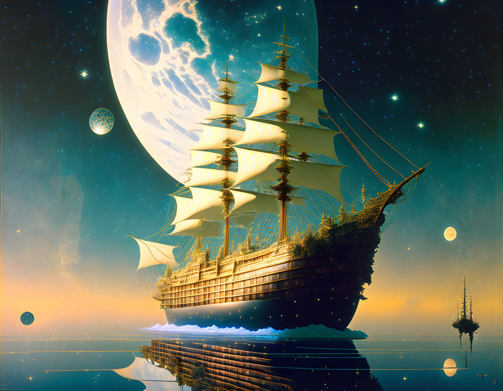 Fantasy sky with sailing ship above calm waters