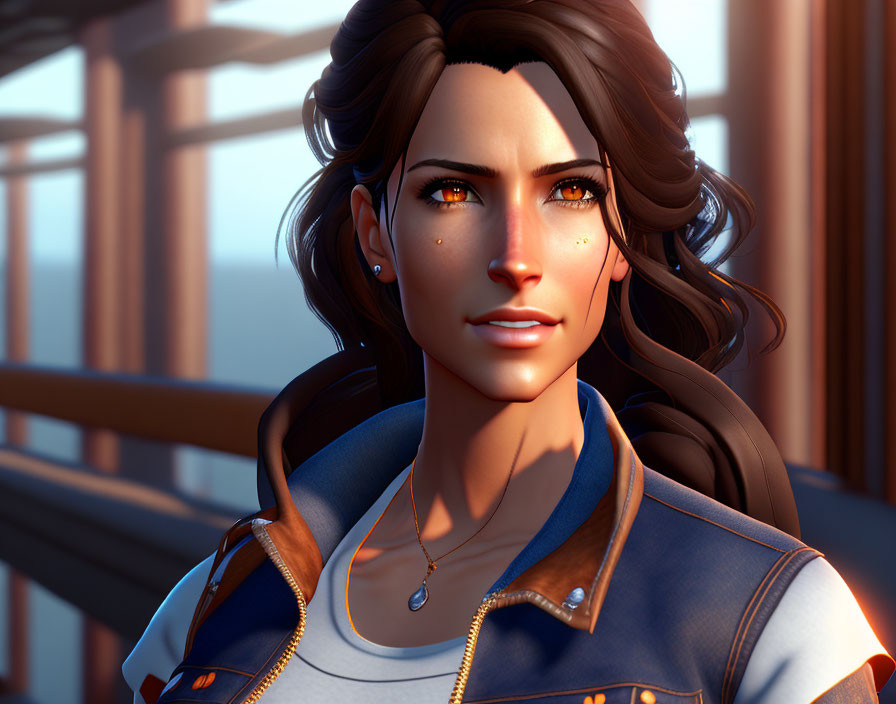 3D-rendered image of woman with brown hair and amber eyes in blue jacket at sunset