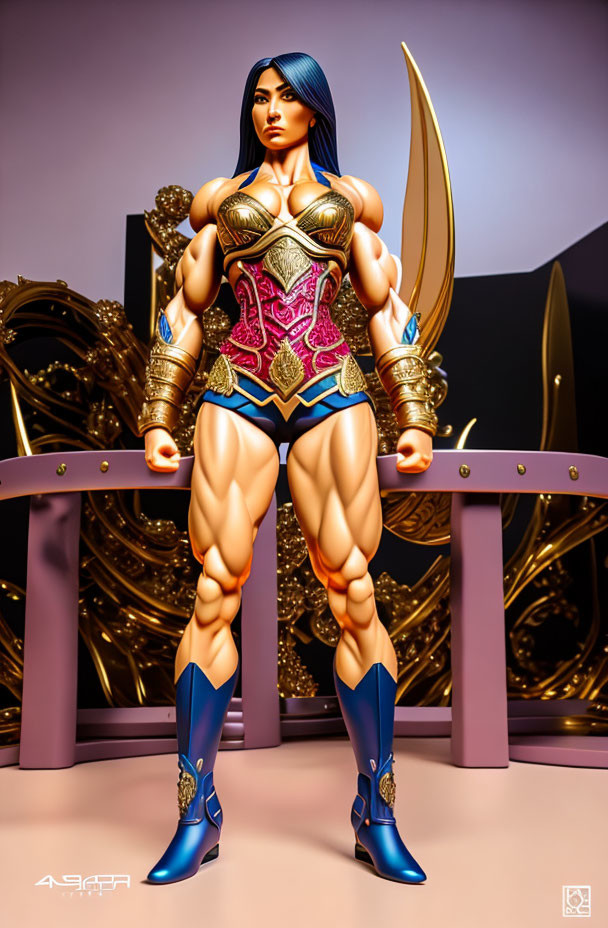 Muscular female warrior with blue boots, detailed armor breastplate, golden gauntlets, and large