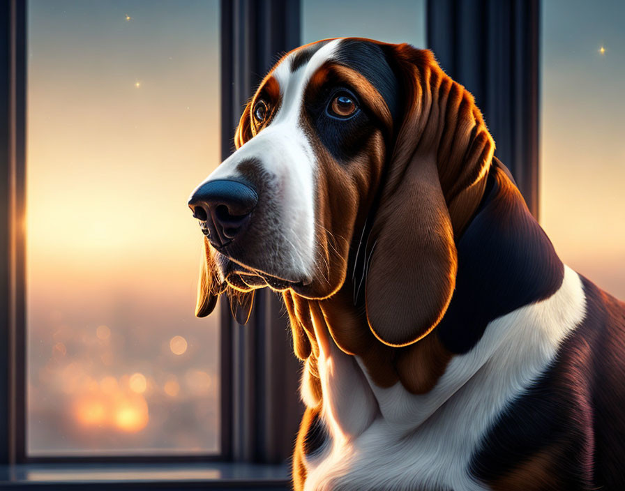 Basset Hound Dog Sitting by Window at Sunset