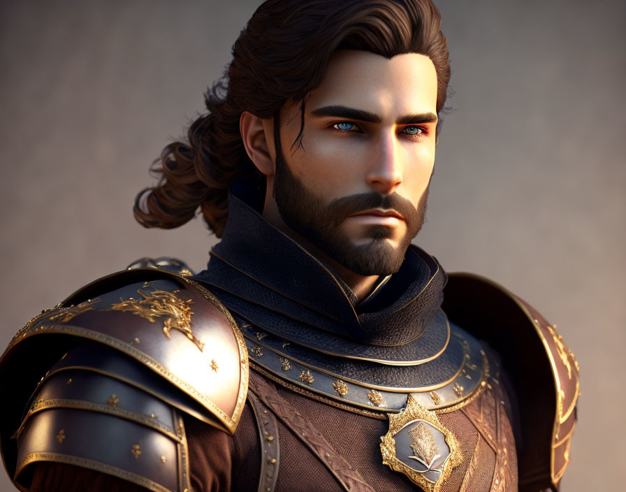 Male character with blue eyes, beard, long hair in medieval armor.