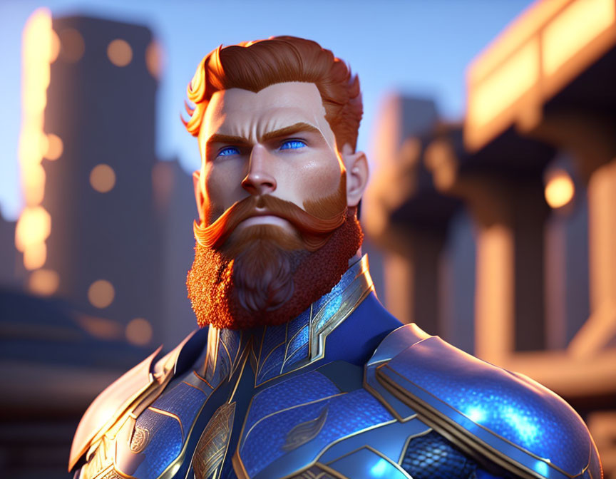 3D-rendered heroic man with red beard in blue suit against architectural dusk background