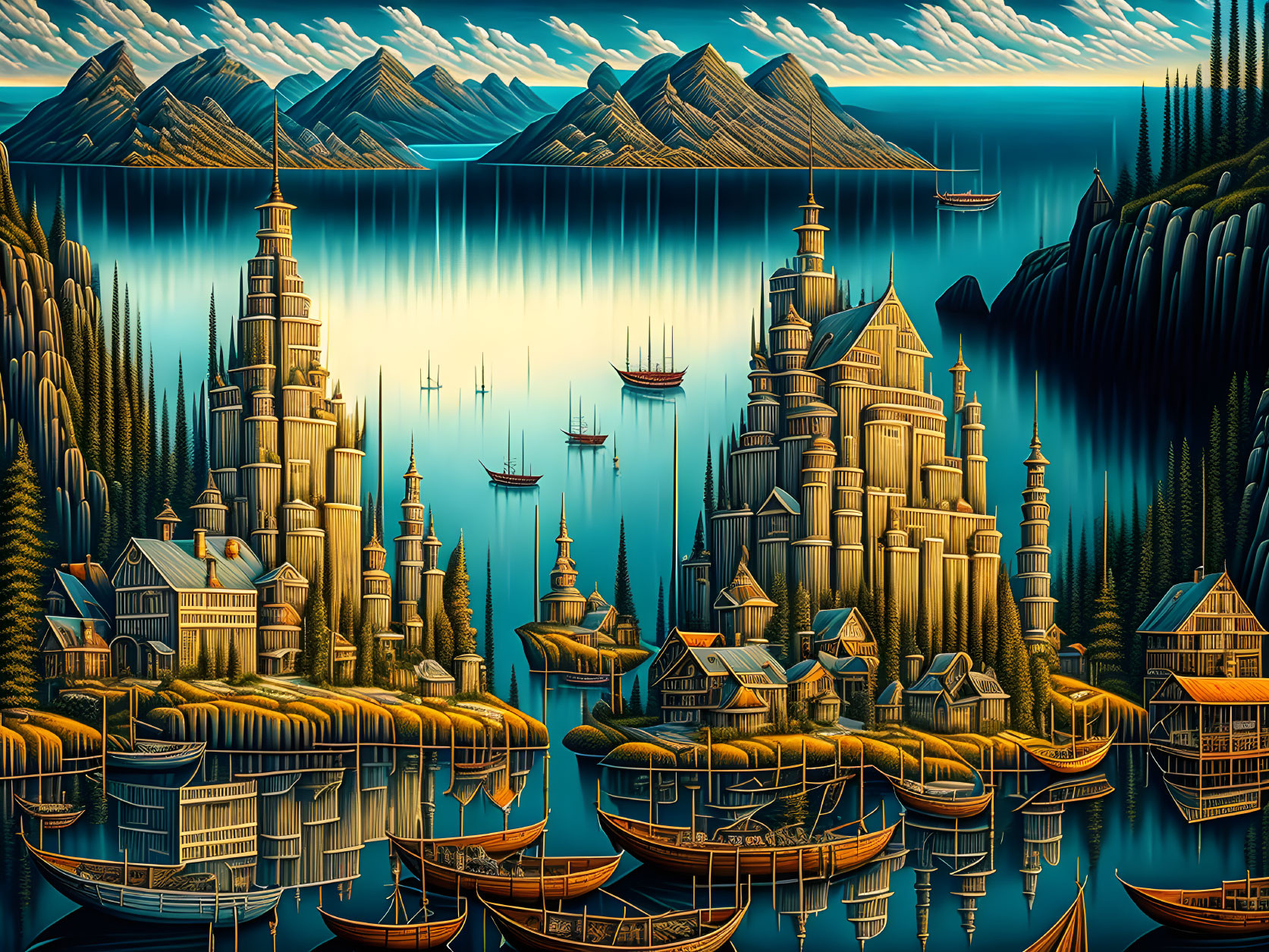 Fantastical landscape with serene lake, towering cliffs, ornate buildings, and boats in blue and