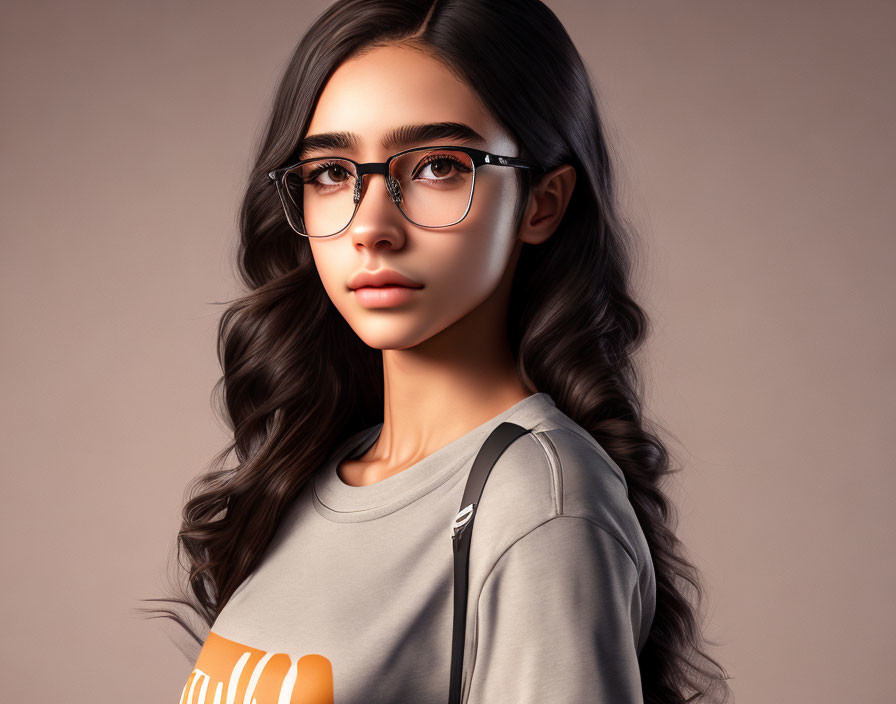 Young Woman with Glasses and Wavy Hair in Gray T-Shirt Portrait