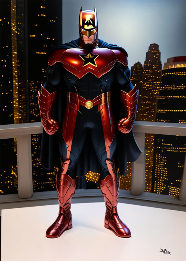 Superhero illustration with star emblem costume and city skyline backdrop