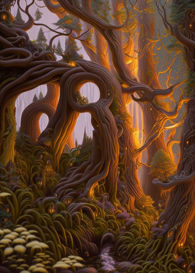 Enchanting fantasy forest with towering intertwined trees