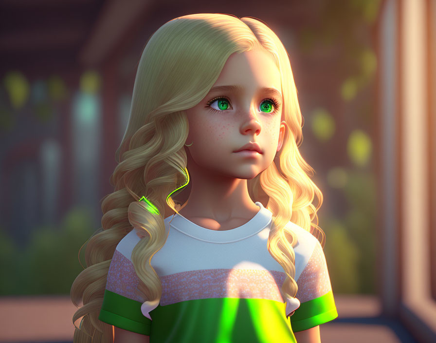 Young girl 3D illustration with blonde hair and green eyes