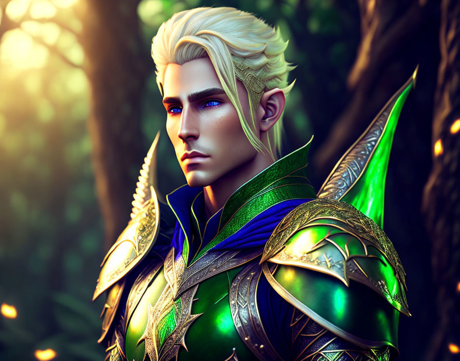 Blond-Haired Elf in Green and Gold Armor in Forest Setting