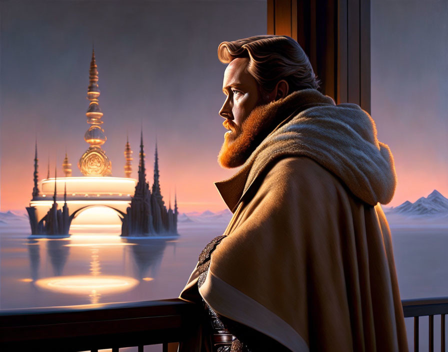 Bearded man gazes at futuristic cityscape at sunrise or sunset