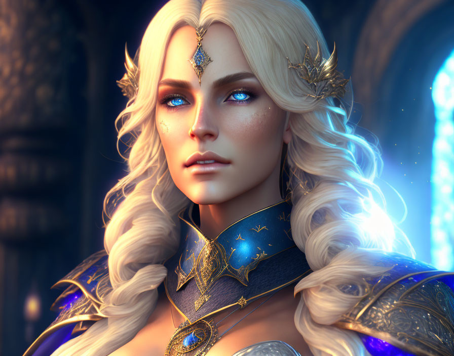 Blonde woman in blue & gold armor in detailed fantasy scene