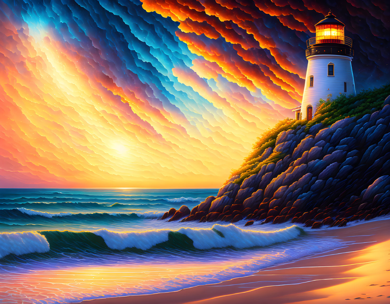 Colorful digital artwork: Lighthouse on rocky shoreline with dynamic sky & ocean waves