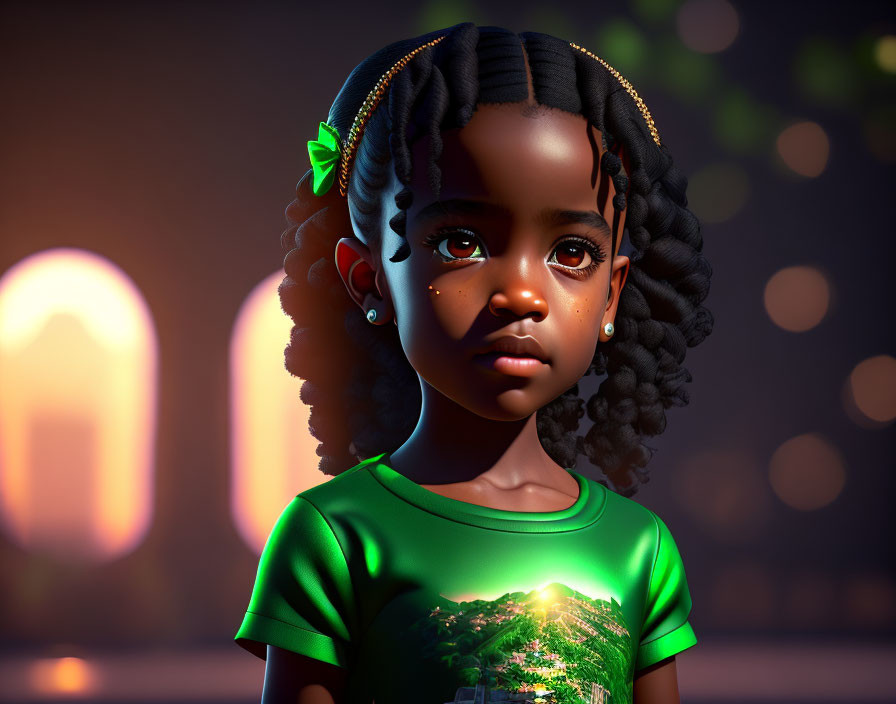 Young girl with braided hair in green shirt 3D rendering on bokeh background