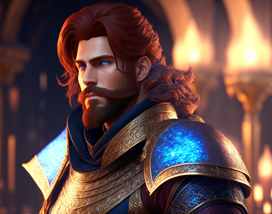 Regal man with red hair in blue armor on warm glowing background