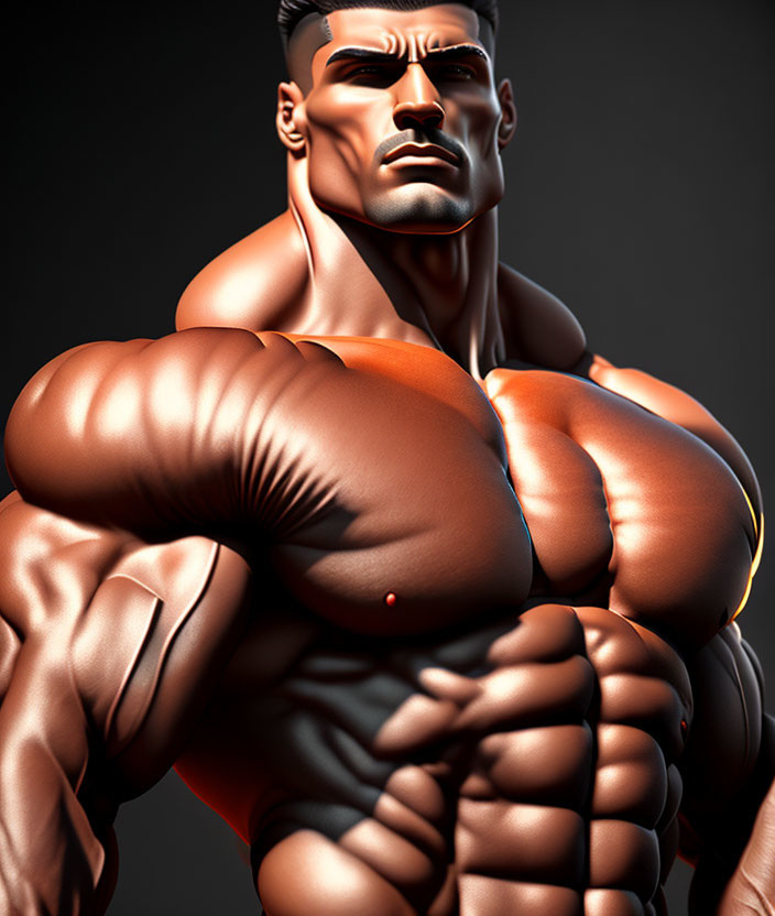 Muscular Male Figure 3D Rendering with Exaggerated Biceps and Chest