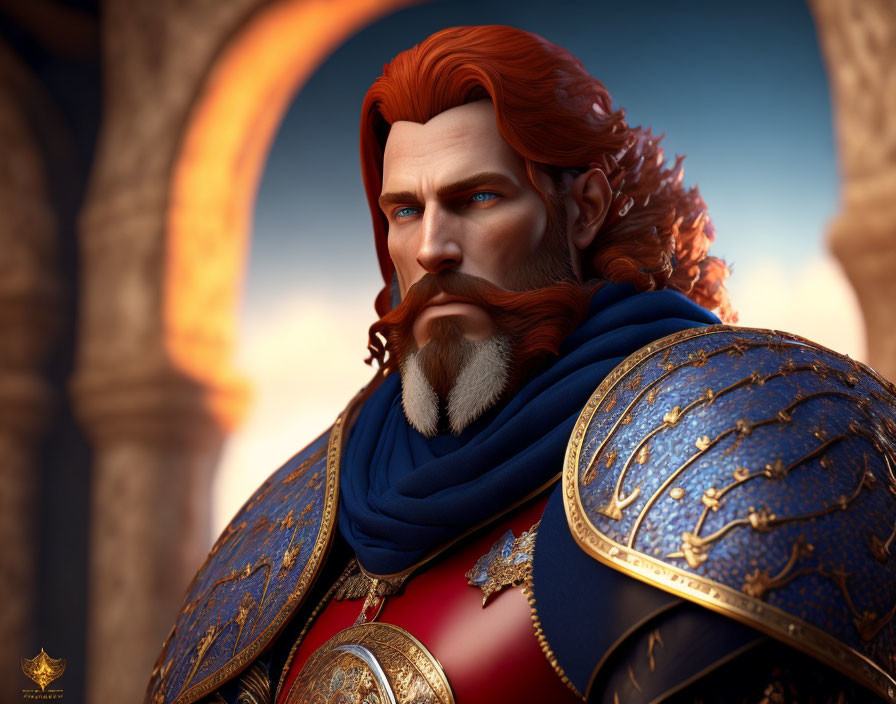 Regal man with red beard in blue and gold armor under sunset sky