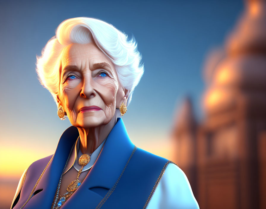 Elderly animated lady in blue coat with white hair in warm sunset setting